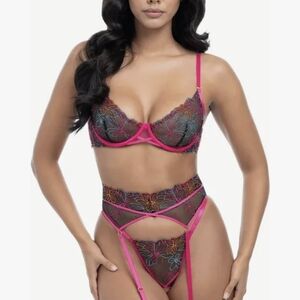 Hot Pink Satin & Black Lace BADGLEY MISCHKA 34D Underwire Bra + G String Set S
